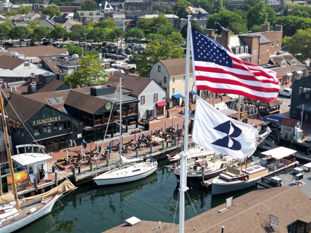 Enjoying sunset patio dining by Newport harbor at 22 Bowen’s