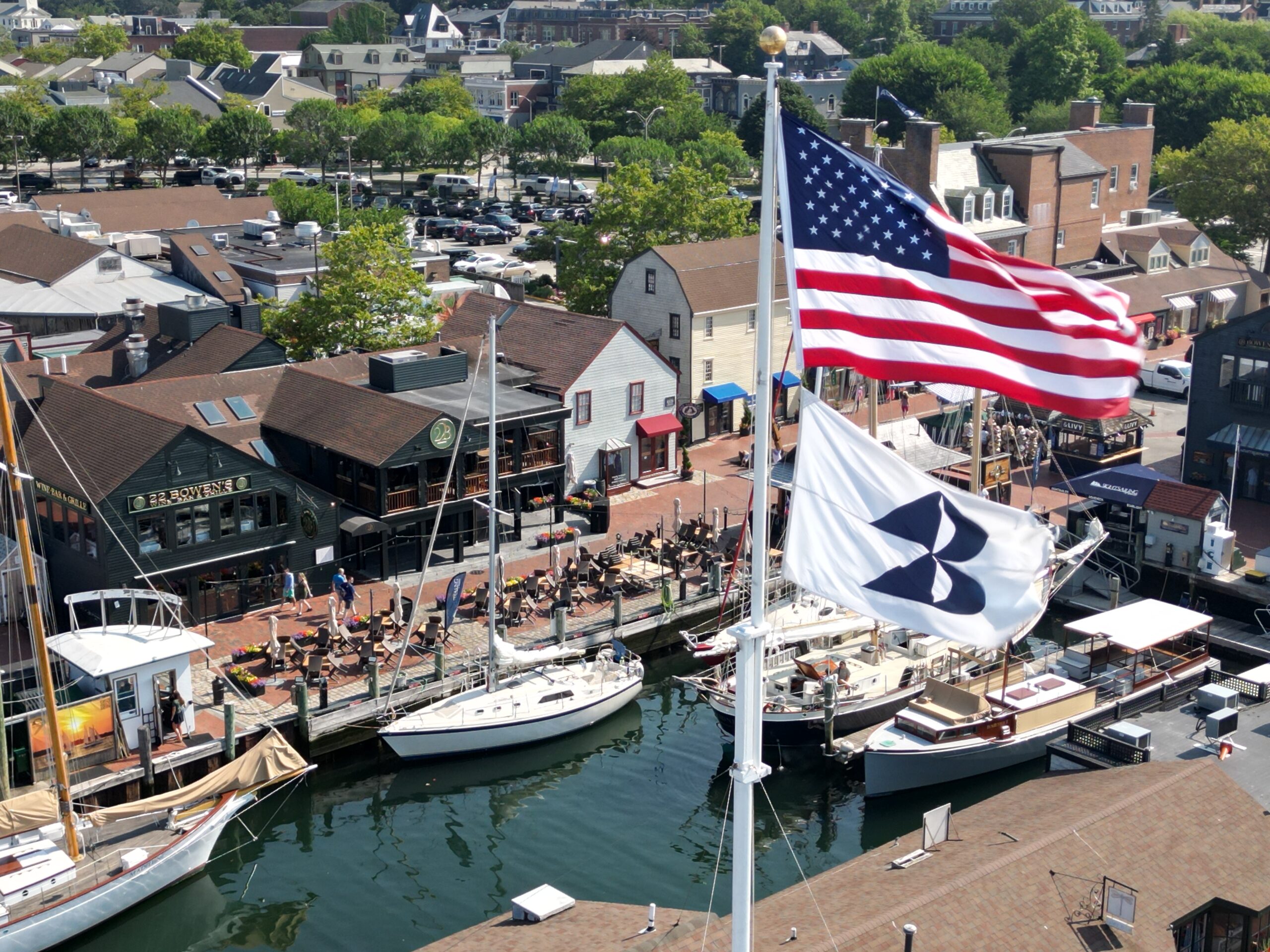Enjoying sunset patio dining by Newport harbor at 22 Bowen’s